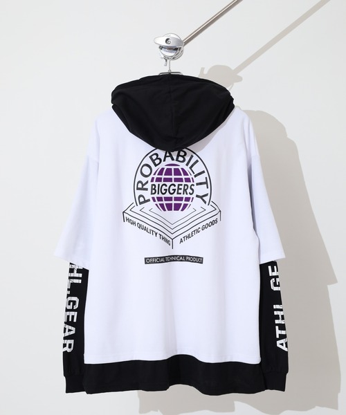 FUNALIVE(ファンアライブ)の「フェイクレイヤード長袖Tシャツパーカー(パーカー・メンズ・ブラック/ホワイト/パープル/ホワイト系・M/L)」の7枚目の写真
