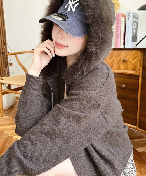 セール】ボリュームファーフードジップアップニットパーカー（パーカー