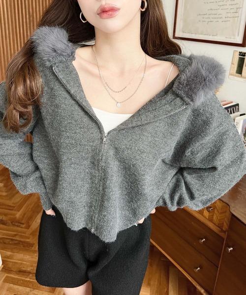 セール】ボリュームファーフードジップアップニットパーカー