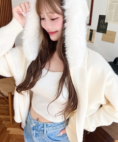 セール】ボリュームファーフードジップアップニットパーカー（パーカー