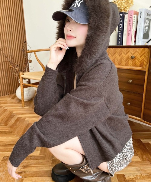 セール】ボリュームファーフードジップアップニットパーカー（パーカー