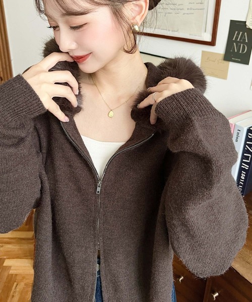 セール】ボリュームファーフードジップアップニットパーカー（パーカー