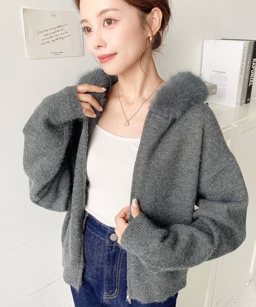 セール】ボリュームファーフードジップアップニットパーカー（パーカー