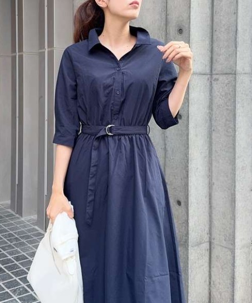 Honeys(ハニーズ)の「6分袖シャツワンピース(ワンピース・レディース・サックスブルー系/ホワイト×ネイビー/ネイビー/イエロー系その他・3L/L/LL/M/S)」の1枚目の写真