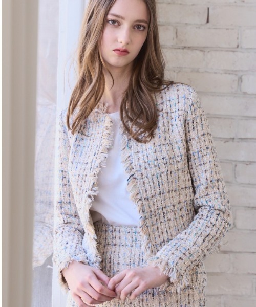 Meline M(メリンエム)の「Fringe Tweed Jacket フリンジツイードジャケット(ノーカラーコート・レディース・ブラック×ホワイト/ホワイト系その他・FREE)」の2枚目の写真