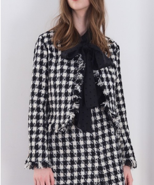 Meline M(メリンエム)の「Fringe Tweed Jacket フリンジツイードジャケット(ノーカラーコート・レディース・ブラック×ホワイト/ホワイト系その他・FREE)」の7枚目の写真