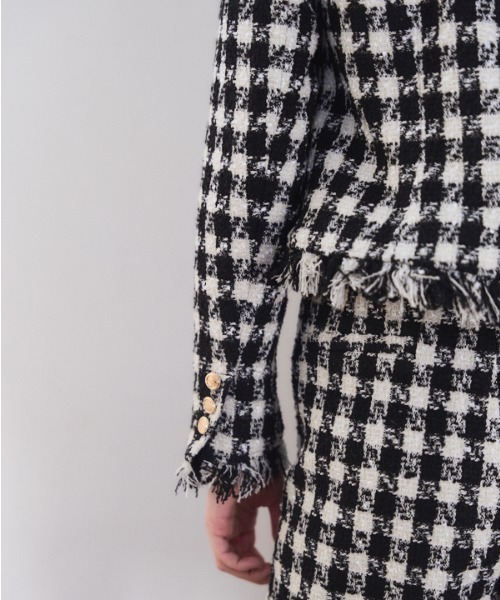 Meline M(メリンエム)の「Fringe Tweed Jacket フリンジツイードジャケット(ノーカラーコート・レディース・ブラック×ホワイト/ホワイト系その他・FREE)」の11枚目の写真