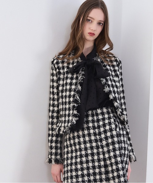 Meline M(メリンエム)の「Fringe Tweed Jacket フリンジツイードジャケット(ノーカラーコート・レディース・ブラック×ホワイト/ホワイト系その他・FREE)」の21枚目の写真