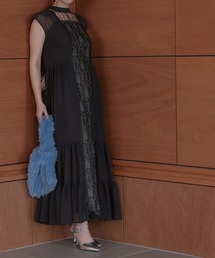 オーガンジーパフスリーブデザイン刺繍ロング丈ワンピースドレス