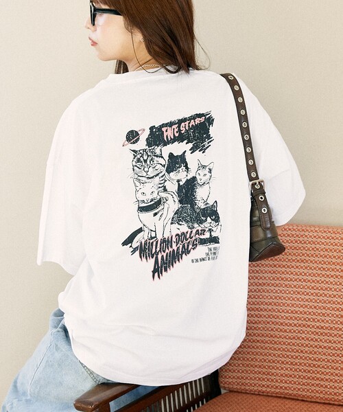 PUBLUX(パブリュクス)の「PUBLUX/パブリュクス ”FIVE STARS”キャット アニマルプリントTシャツ 限定展開(Tシャツ/カットソー・レディース・チャコールグレー/オフホワイト/ライトグレー・LARGE/MEDIUM/SMALL)」の2枚目の写真