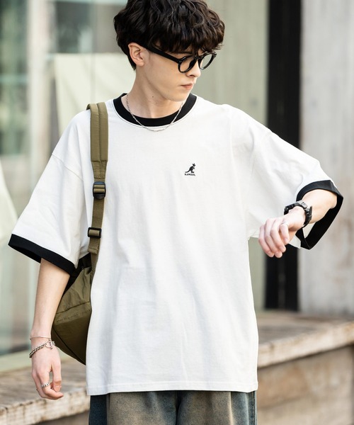 KANGOL（カンゴール）の「KANGOL 別注コラボ ワンポイントロゴ刺繍半袖クルーネックTシャツ 無地/リンガーネック（Tシャツ/カットソー・メンズ・ホワイト×ブラック/ベージュ/ブラック/ホワイト/チャコールグレー/ブルー/オートミール/ネイビー・XL/L/M）」の3枚目の写真