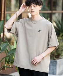 KANGOL 別注コラボ ワンポイントロゴ刺繍半袖クルーネックTシャツ 無地/リンガーネック