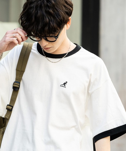 KANGOL（カンゴール）の「KANGOL 別注コラボ ワンポイントロゴ刺繍半袖クルーネックTシャツ 無地/リンガーネック（Tシャツ/カットソー・メンズ・ホワイト×ブラック/ベージュ/ブラック/ホワイト/チャコールグレー/ブルー/オートミール/ネイビー・XL/L/M）」の11枚目の写真