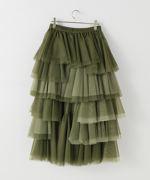 VIVIANO（ヴィヴィアーノ）の「【VIVIANO / ヴィヴィアーノ】Tulle Ruffle Tiered Skirt:スカート　VW-SS25-SK09（スカート・レディース・カーキ・FREE）」の2枚目の写真