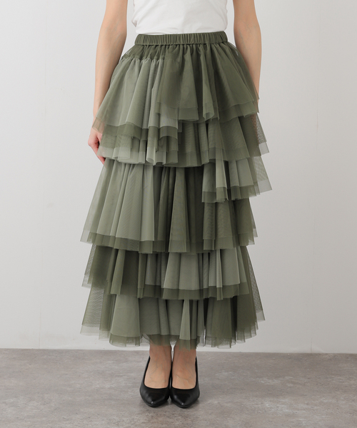 VIVIANO（ヴィヴィアーノ）の「【VIVIANO / ヴィヴィアーノ】Tulle Ruffle Tiered Skirt:スカート　VW-SS25-SK09（スカート・レディース・カーキ・FREE）」の8枚目の写真