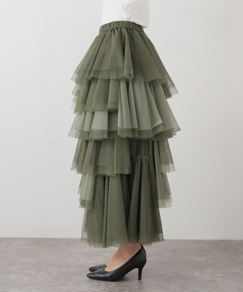 VIVIANO（ヴィヴィアーノ）の「【VIVIANO / ヴィヴィアーノ】Tulle Ruffle Tiered Skirt:スカート　VW-SS25-SK09（スカート・レディース・カーキ・FREE）」の9枚目の写真