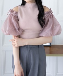 CLEAR BASIC | 布帛ドッキング肩あきニットトップス[フェミニン バルーンスリーブ 骨格ウェーブ]≪CLEAR BASIC≫(ニット/セーター)