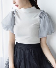 CLEAR BASIC | 布帛ドッキング肩あきニットトップス[大人フェミニン チュール バルーンスリーブ 骨格ウェーブ]≪SS新作≫(ニット/セーター)