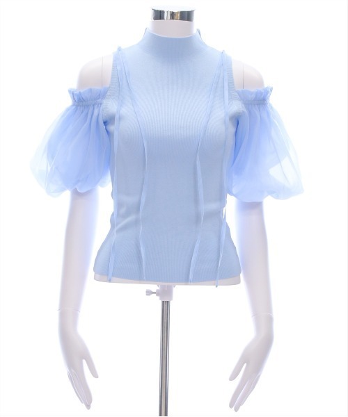 CLEAR BASIC（クリアベーシック）の「布帛ドッキング肩あきニットトップス[フェミニン バルーンスリーブ 骨格ウェーブ]≪SS新作≫（ニット/セーター・レディース・ブラック/サックスブルー/グレー/オフホワイト/ピンクベージュ・F）」の12枚目の写真