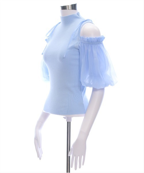 CLEAR BASIC（クリアベーシック）の「布帛ドッキング肩あきニットトップス[フェミニン バルーンスリーブ 骨格ウェーブ]≪SS新作≫（ニット/セーター・レディース・ブラック/サックスブルー/グレー/オフホワイト/ピンクベージュ・F）」の13枚目の写真