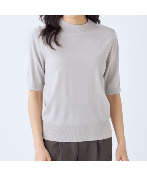 最安 洗える涼感サマーニット】モックネックニット 5分丈(ニット 半袖Tシャツ