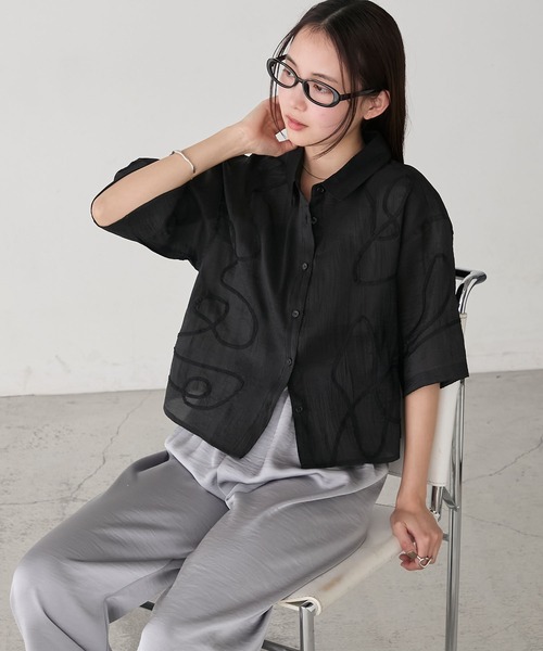 【新品】イエナ DOTプリントニュアンスシャツBL forksy.】ニュアンスコード刺繍 クロップド シアー 半袖シャツ forksy