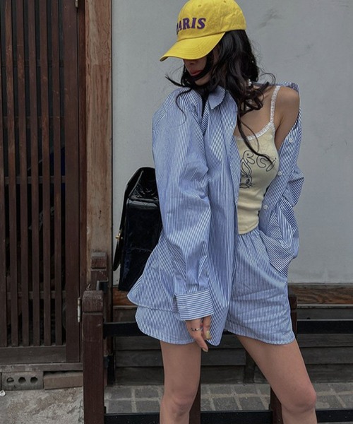 meJane（ミージェーン）の「バックシャン ストライプ長袖シャツ＆ショートパンツ セットアップ（セットアップ・レディース・ライトブルー・FREE）」の17枚目の写真