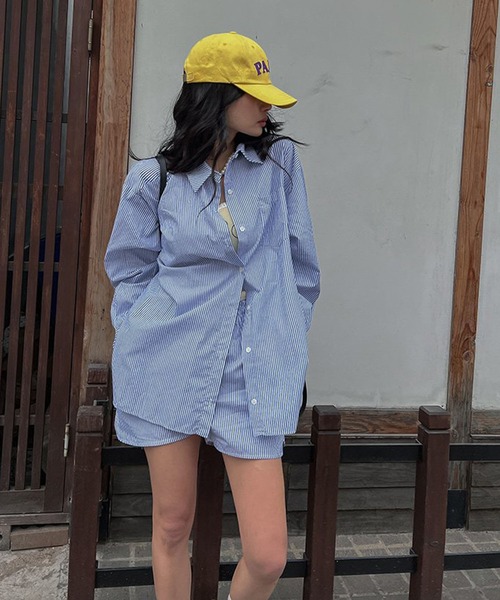 meJane（ミージェーン）の「バックシャン ストライプ長袖シャツ＆ショートパンツ セットアップ（セットアップ・レディース・ライトブルー・FREE）」の15枚目の写真