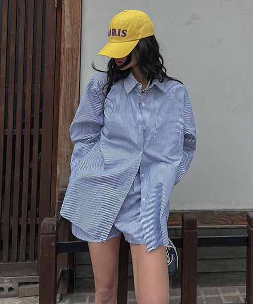 meJane（ミージェーン）の「バックシャン ストライプ長袖シャツ＆ショートパンツ セットアップ（セットアップ・レディース・ライトブルー・FREE）」の6枚目の写真