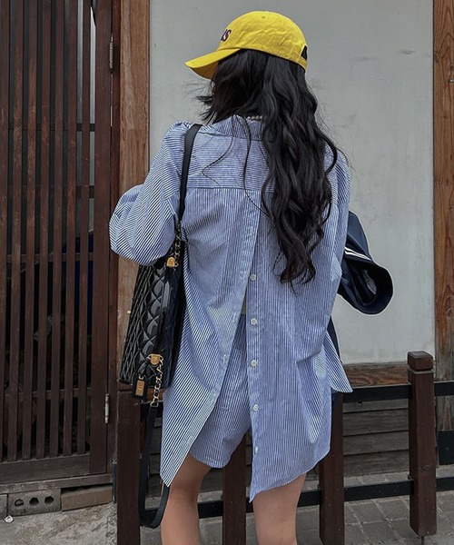 meJane（ミージェーン）の「バックシャン ストライプ長袖シャツ＆ショートパンツ セットアップ（セットアップ・レディース・ライトブルー・FREE）」の7枚目の写真