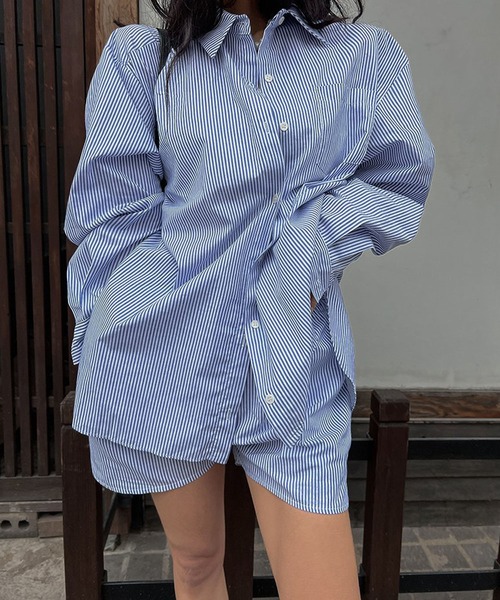 meJane（ミージェーン）の「バックシャン ストライプ長袖シャツ＆ショートパンツ セットアップ（セットアップ・レディース・ライトブルー・FREE）」の8枚目の写真