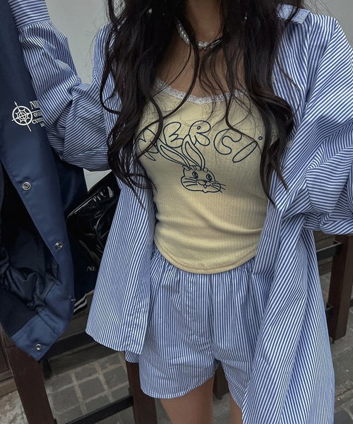 meJane（ミージェーン）の「バックシャン ストライプ長袖シャツ＆ショートパンツ セットアップ（セットアップ・レディース・ライトブルー・FREE）」の11枚目の写真