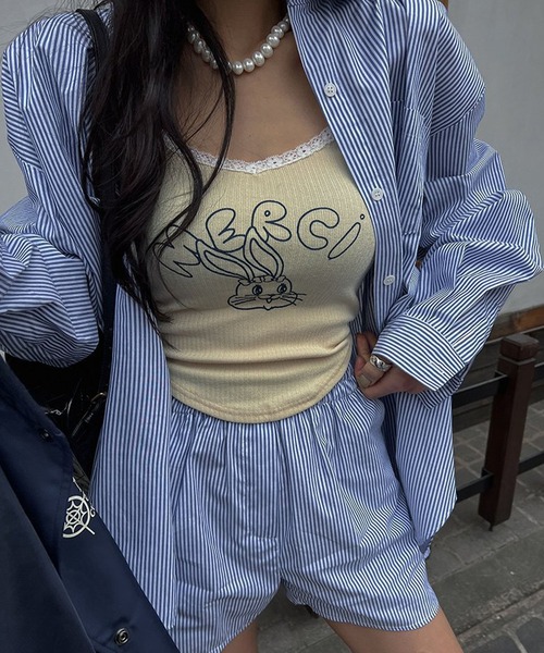 meJane（ミージェーン）の「バックシャン ストライプ長袖シャツ＆ショートパンツ セットアップ（セットアップ・レディース・ライトブルー・FREE）」の9枚目の写真