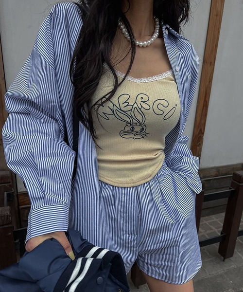 meJane（ミージェーン）の「バックシャン ストライプ長袖シャツ＆ショートパンツ セットアップ（セットアップ・レディース・ライトブルー・FREE）」の12枚目の写真