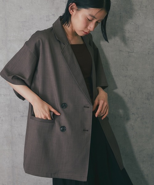 ANOTHER S（アナザーエス）の「ヘザーエステルハーフスリーブジャケット（テーラードジャケット・レディース・ベージュ/ブラウン/ブラック/アイボリー/チャコールグレー・FREE）」の4枚目の写真