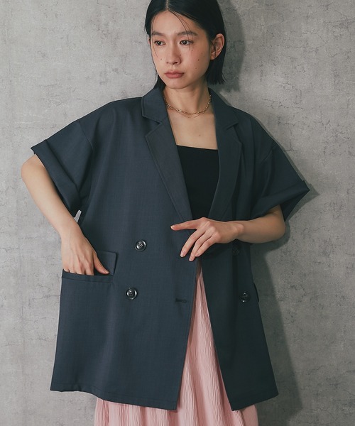 ANOTHER S（アナザーエス）の「ヘザーエステルハーフスリーブジャケット（テーラードジャケット・レディース・ベージュ/ブラウン/ブラック/アイボリー/チャコールグレー・FREE）」の3枚目の写真