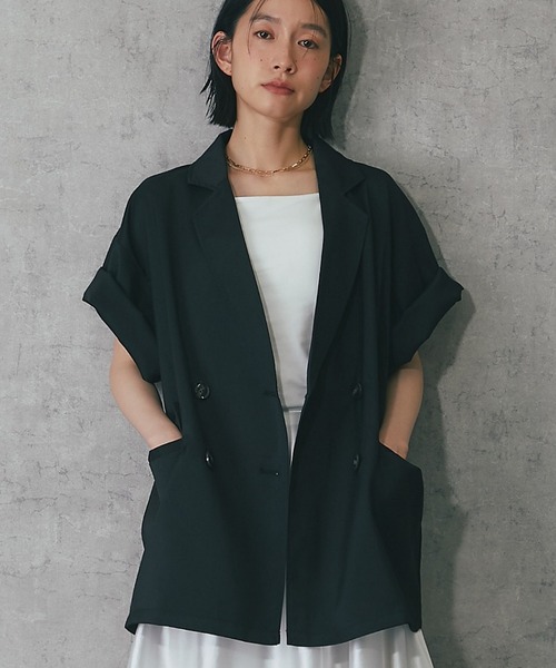 ANOTHER S（アナザーエス）の「ヘザーエステルハーフスリーブジャケット（テーラードジャケット・レディース・ベージュ/ブラウン/ブラック/アイボリー/チャコールグレー・FREE）」の2枚目の写真