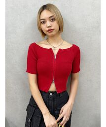 EVRIS | フロントジップハーフスリーブオフショルトップス(Tシャツ/カットソー)