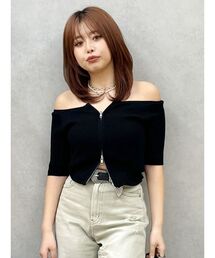 EVRIS | フロントジップハーフスリーブオフショルトップス(Tシャツ/カットソー)