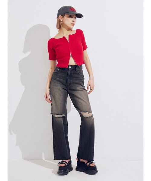 EVRIS(エヴリス)の「フロントジップハーフスリーブオフショルトップス(Tシャツ/カットソー・レディース・ブラック/ブルー/レッド/ホワイト・FREE)」の9枚目の写真