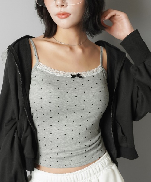 SPINNS（スピンズ）の「カップ付きキャミソール/ドット/水玉柄/リボン/レース/ウィッシュコア（キャミソール・レディース・ブラック/グレー/ピンク・ONESIZE）」の6枚目の写真