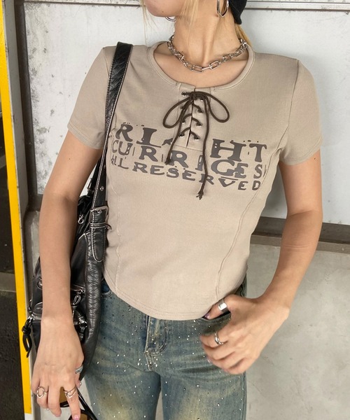 non-hedge(ノンヘッジ)の「切替ロゴレースアップショート丈Tシャツ(Tシャツ/カットソー・レディース・ベージュ/ワインレッド/ブラック/アイボリー/グレー/オフホワイト・FREE)」の5枚目の写真