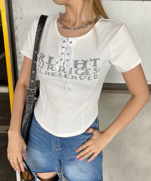 non-hedge(ノンヘッジ)の「切替ロゴレースアップショート丈Tシャツ(Tシャツ/カットソー・レディース・ベージュ/ワインレッド/ブラック/アイボリー/グレー/オフホワイト・FREE)」の2枚目の写真