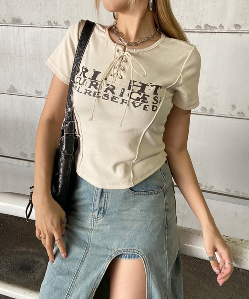 non-hedge(ノンヘッジ)の「切替ロゴレースアップショート丈Tシャツ(Tシャツ/カットソー・レディース・ベージュ/ワインレッド/ブラック/アイボリー/グレー/オフホワイト・FREE)」の3枚目の写真