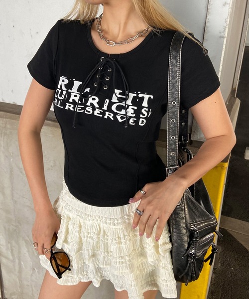 non-hedge(ノンヘッジ)の「切替ロゴレースアップショート丈Tシャツ(Tシャツ/カットソー・レディース・ベージュ/ワインレッド/ブラック/アイボリー/グレー/オフホワイト・FREE)」の1枚目の写真