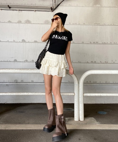 non-hedge(ノンヘッジ)の「切替ロゴレースアップショート丈Tシャツ(Tシャツ/カットソー・レディース・ベージュ/ワインレッド/ブラック/アイボリー/グレー/オフホワイト・FREE)」の22枚目の写真
