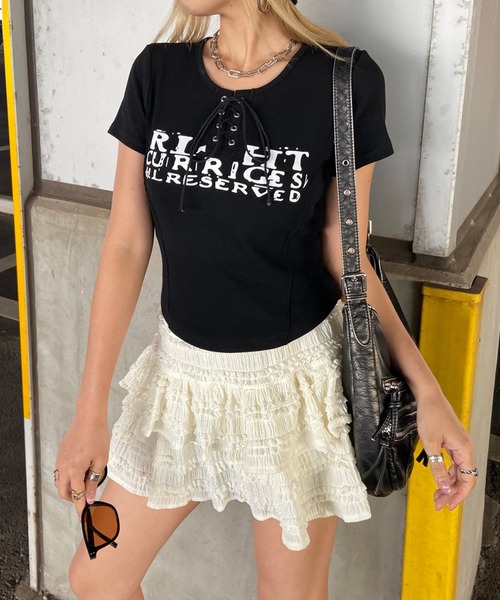 non-hedge(ノンヘッジ)の「切替ロゴレースアップショート丈Tシャツ(Tシャツ/カットソー・レディース・ベージュ/ワインレッド/ブラック/アイボリー/グレー/オフホワイト・FREE)」の16枚目の写真