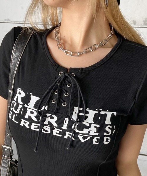non-hedge(ノンヘッジ)の「切替ロゴレースアップショート丈Tシャツ(Tシャツ/カットソー・レディース・ベージュ/ワインレッド/ブラック/アイボリー/グレー/オフホワイト・FREE)」の17枚目の写真