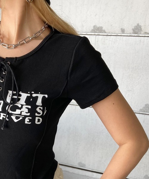 non-hedge(ノンヘッジ)の「切替ロゴレースアップショート丈Tシャツ(Tシャツ/カットソー・レディース・ベージュ/ワインレッド/ブラック/アイボリー/グレー/オフホワイト・FREE)」の19枚目の写真