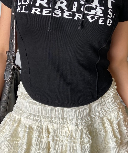 non-hedge(ノンヘッジ)の「切替ロゴレースアップショート丈Tシャツ(Tシャツ/カットソー・レディース・ベージュ/ワインレッド/ブラック/アイボリー/グレー/オフホワイト・FREE)」の20枚目の写真
